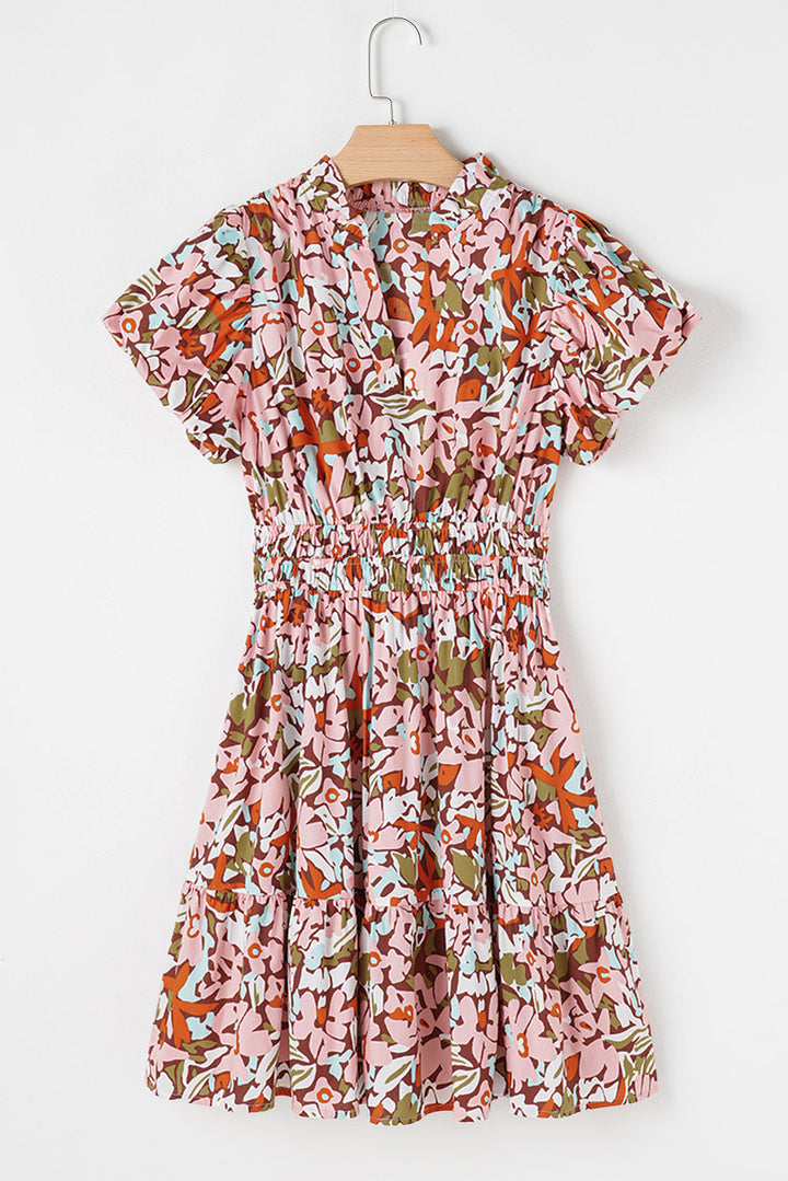 Floral Print Puff Sleeve Shirred High Waist Mini Dress