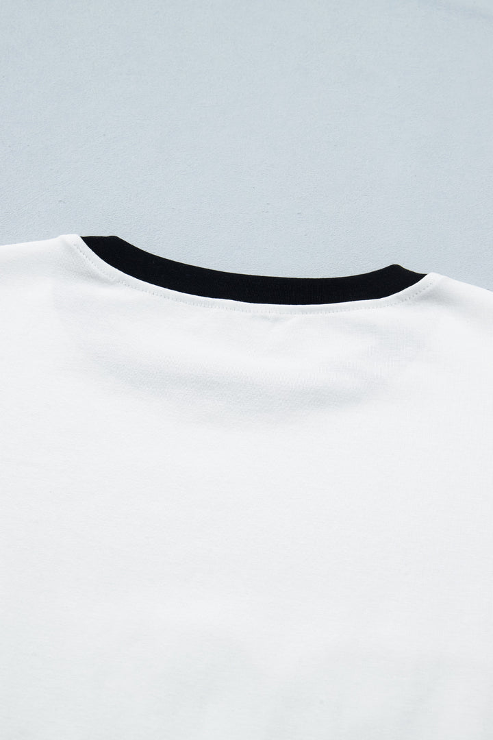 White USA Sequin Color Block Trim Loose T Shirt