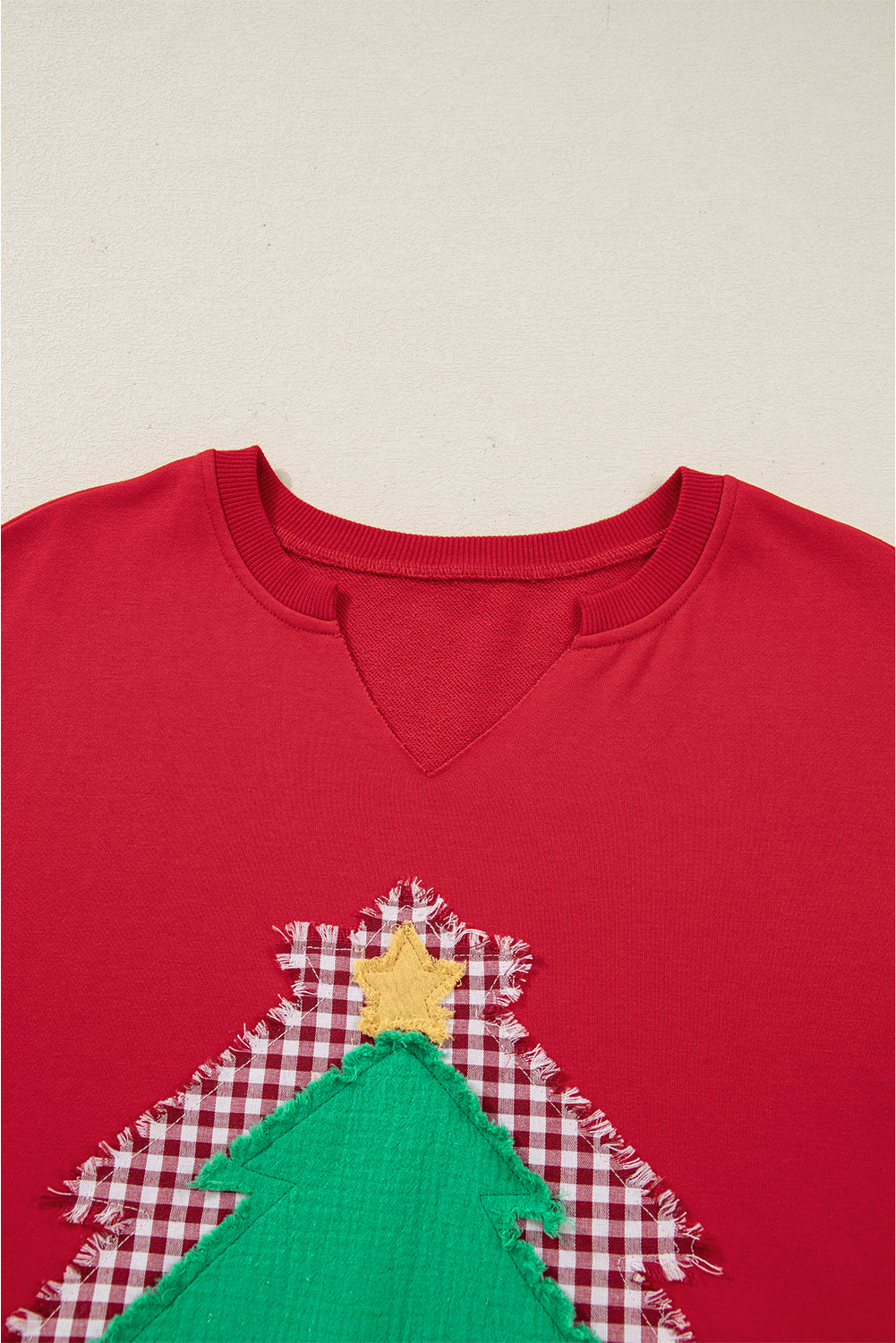 Plaid Frayed Double Christmas Tree Patched Drop Shoulder Sweatshirt