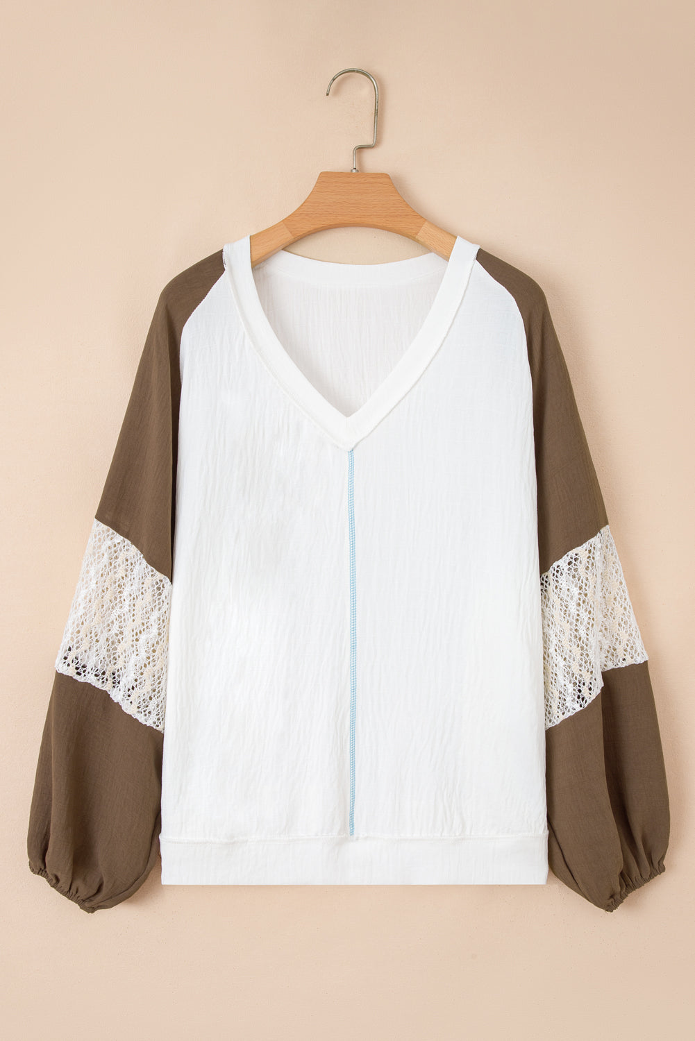 Green Colorblock Lace Patchwork Balloon Sleeve V Neck Plus Size Blouse