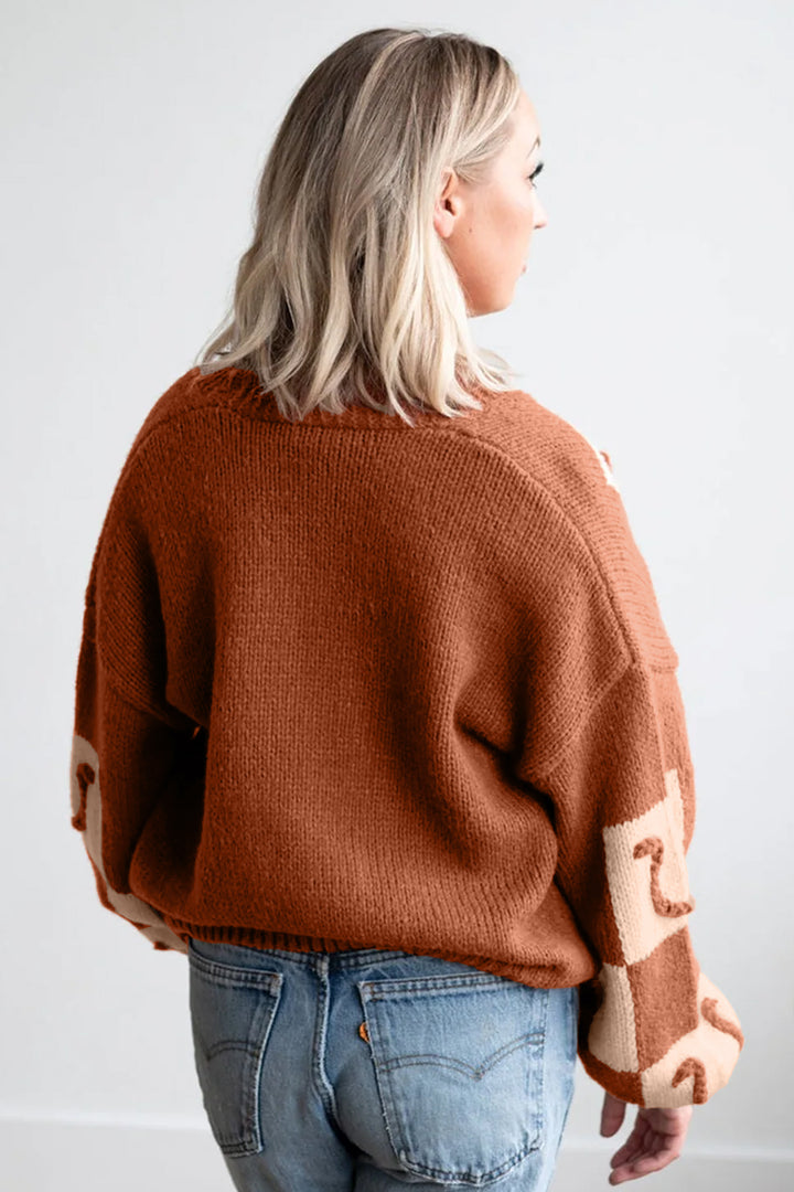 Brown Horseshoe Plaid V Neck Knit Button Front Sweater Cardigan