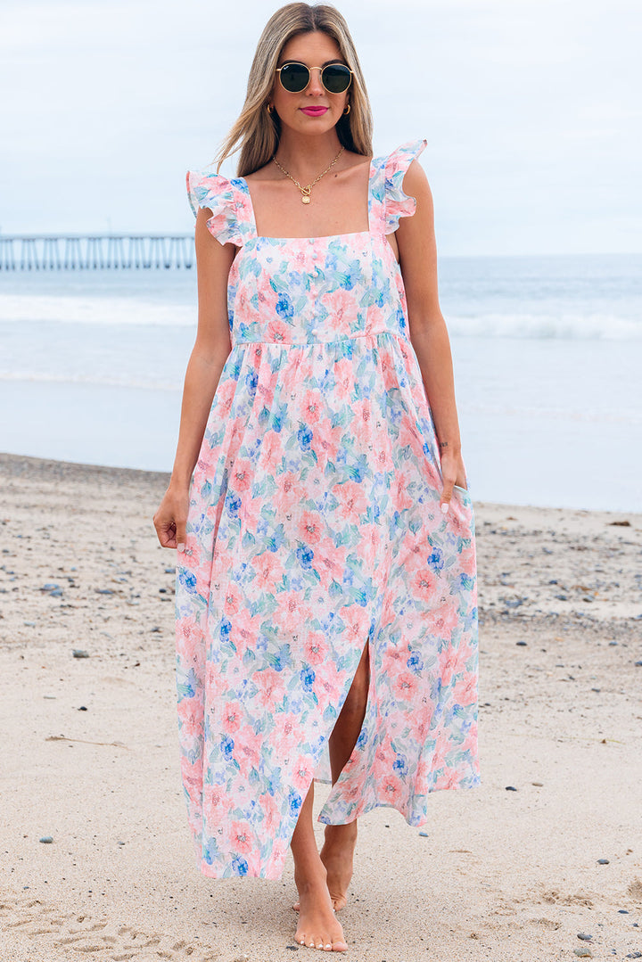floral print square neck backless long dress with slit