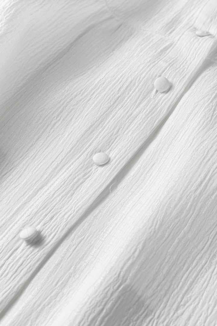 White Crinkled Texture Lantern Sleeve Button Down Loose Shirt