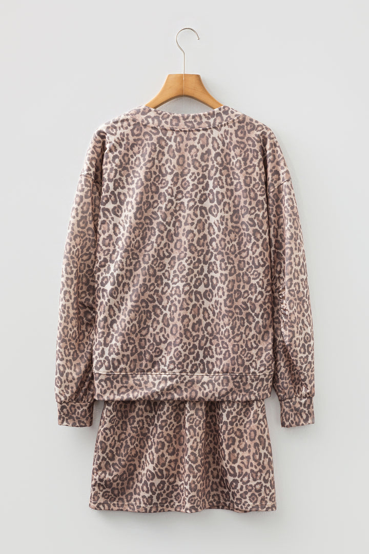 Light French Beige Leopard Print Pullover Mini Skirt 2pcs Set