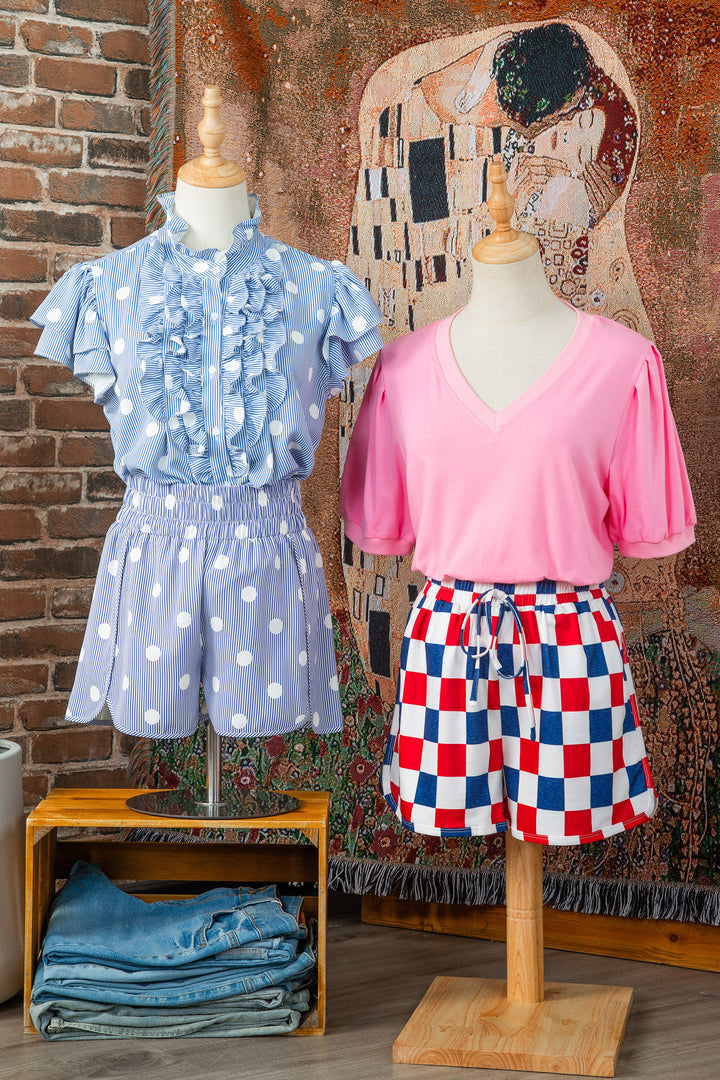 Sky Blue Polka Dot Print Shirred High Waist Casual Shorts