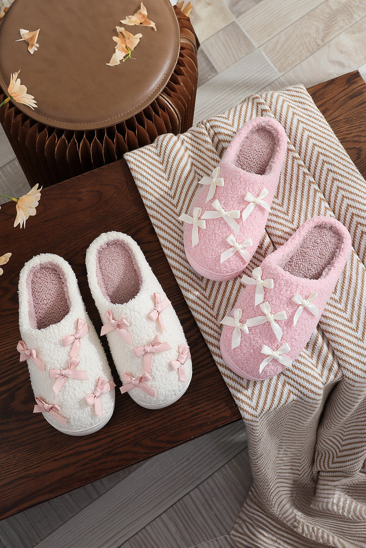 Ribbed Bow Decor Plush House Slipper