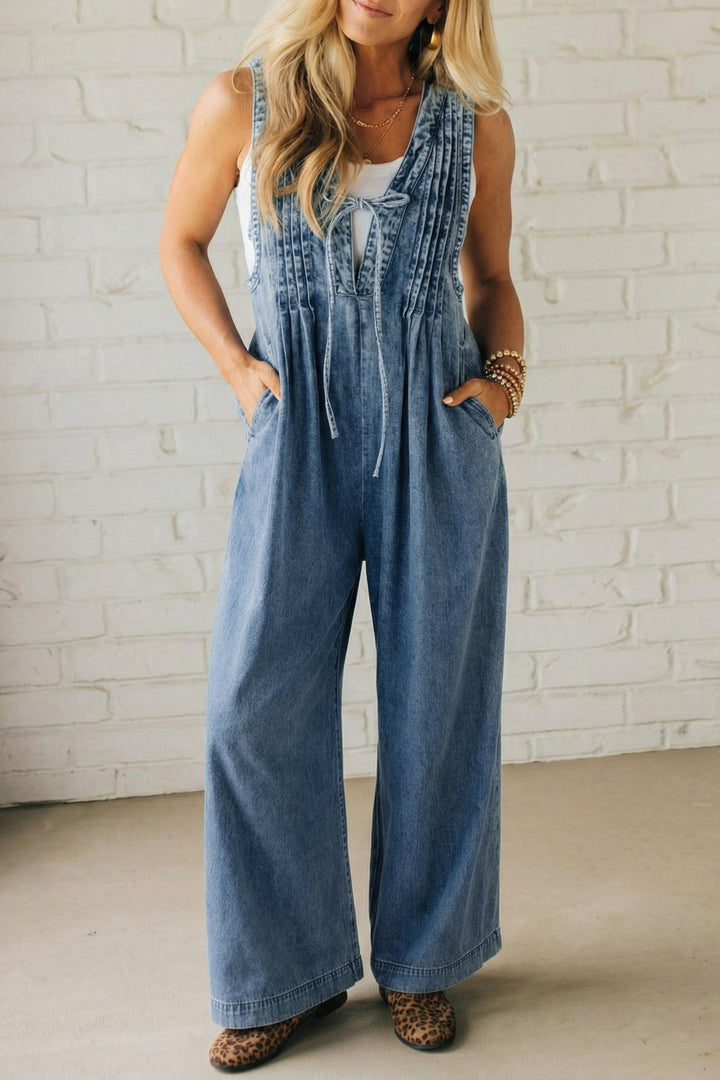 Dusk Blue Acid Wash Pintuck Tie V Neck Denim Wide Leg Jumpsuit