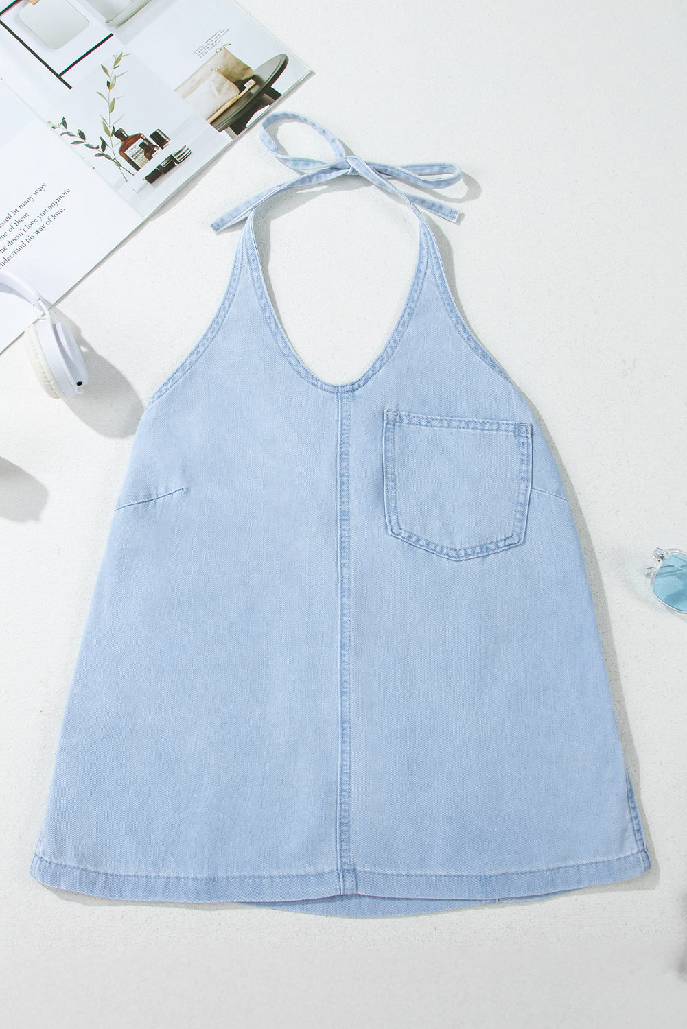 Knotted Open Back Halterneck Denim Tank Top