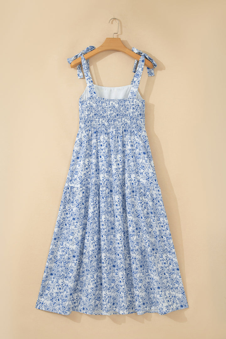 Sky Blue Floral Print Knot Straps High Waist Flared Maxi Dress