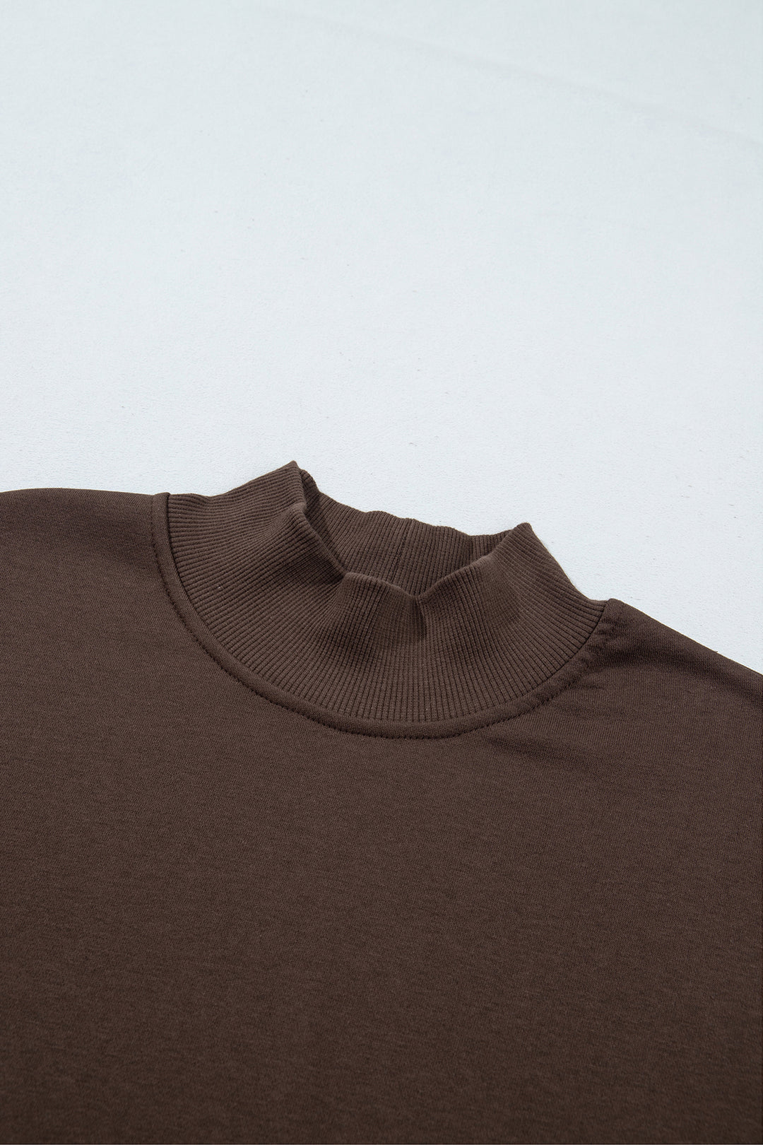 Coffee Solid Color High Neck Lace Splicing Hem Pullover Sweatshirt