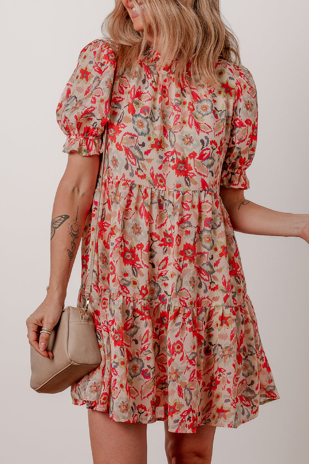 floral print frilled neck puff sleeve high waist dress