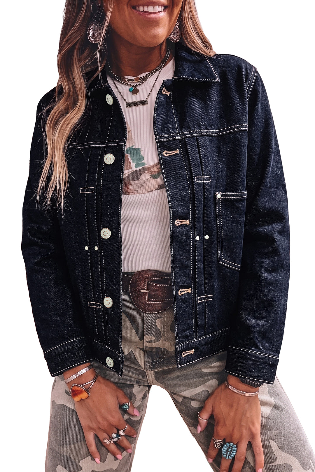 Dirty blue Denim Button Front Pocket Casual Jacket