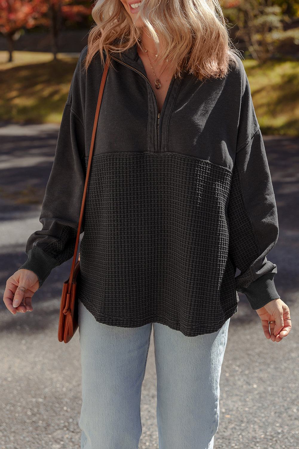 Waffle Knit Patchwork Half Zipped Casual Sweatshirt