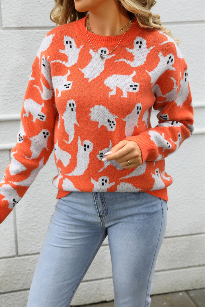 Orange Halloween Ghost Allover Drop Shoulder Holiday Sweater