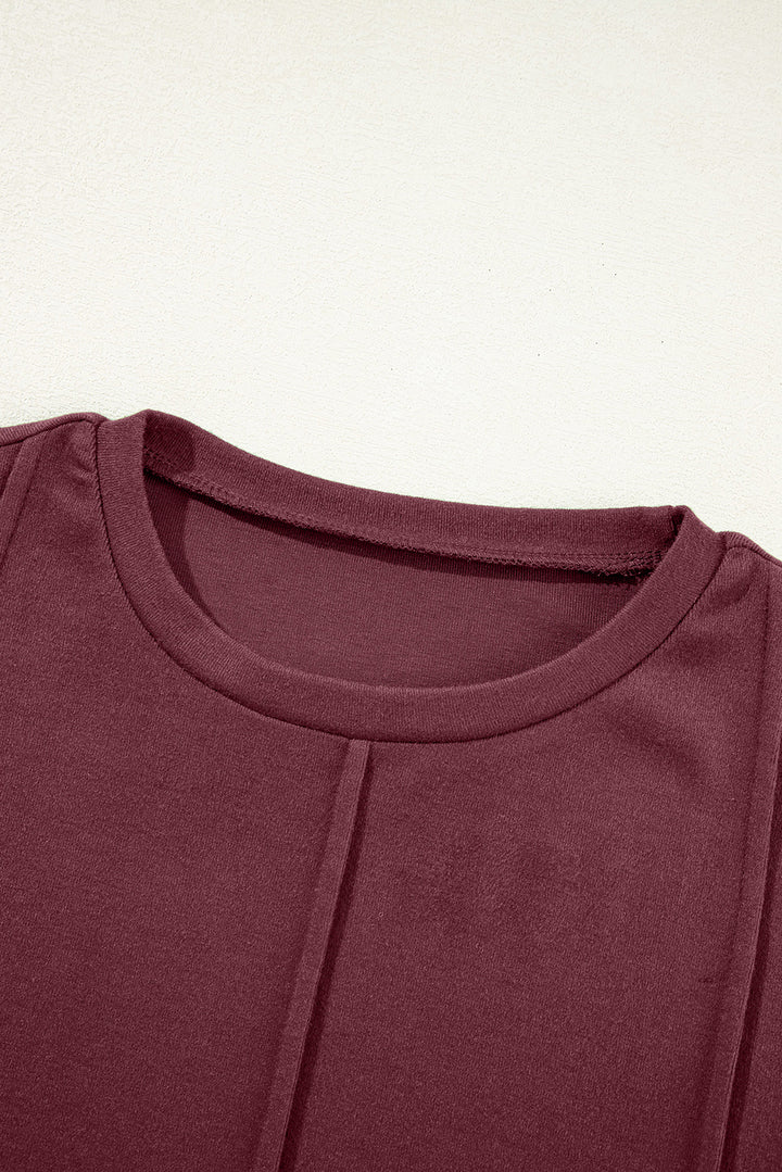Red Exposed Seam Crew Neck Long Sleeve Top