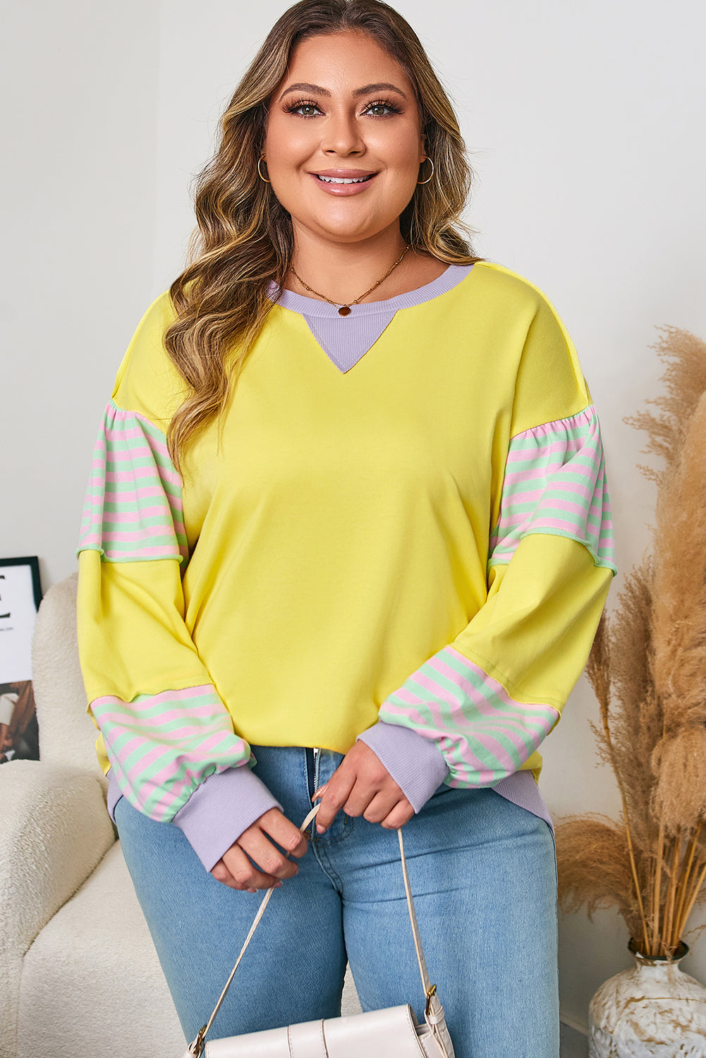Yellow Striped Color Block Patchwork Crewneck Plus Size Pullover Sweatshirt