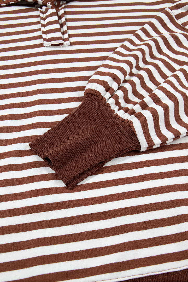 Brown Stripe Color Block Trim Raw Seam Split Hem Loose Pullover Sweatshirt