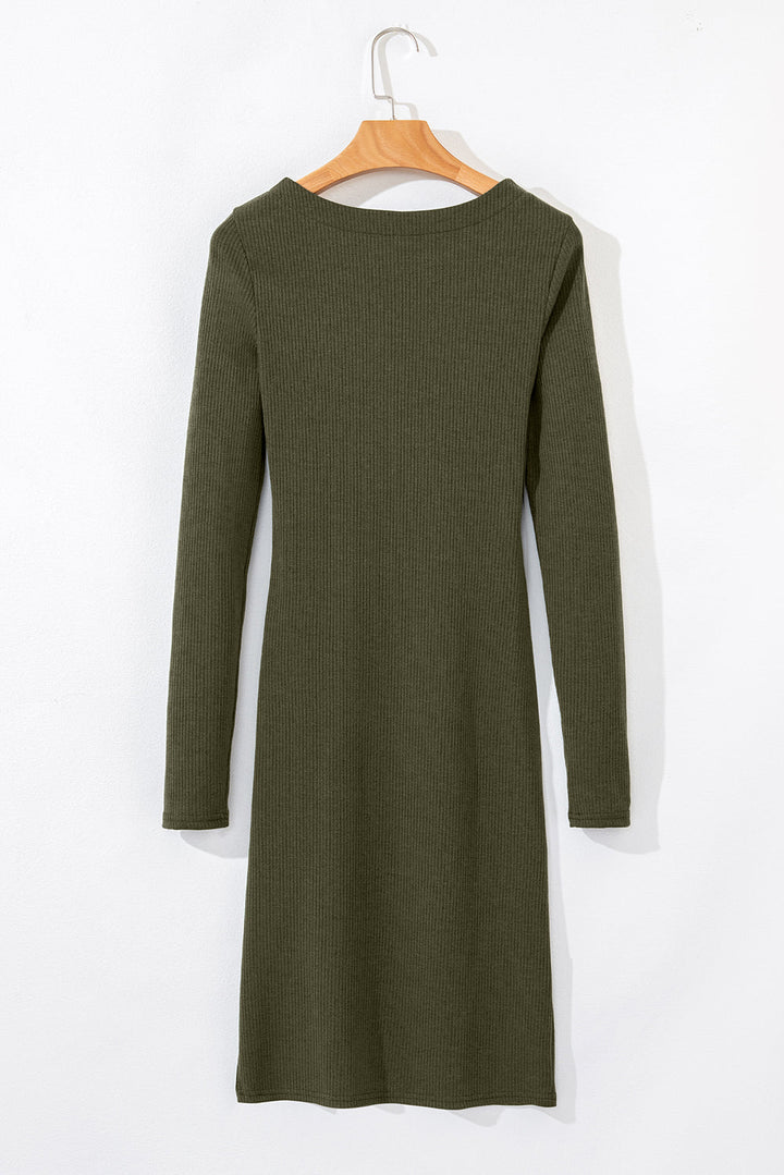 Ribbed Side Slit Ruched Slim Fit Long Sleeve Mini Dress
