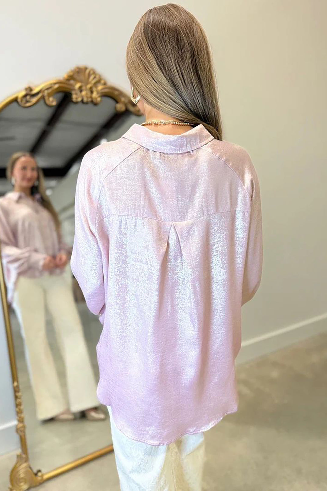 New Delicacy Long Sleeve Button Front Ruffle Cuffs Back Paneling Shirt