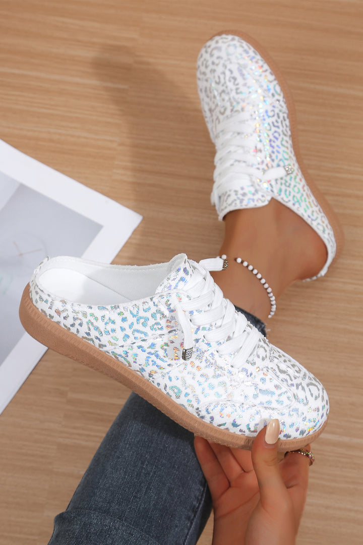 White Shiny Leopard Print Lace up Slip On Shoes