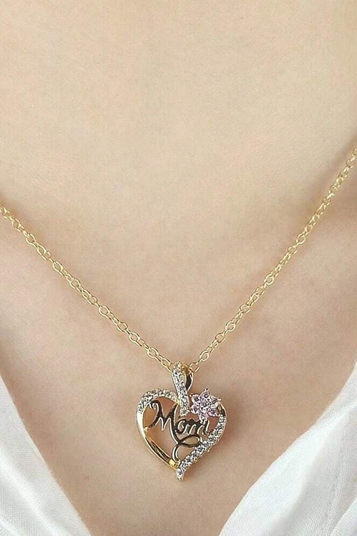Collier Maman avec Fleur en Strass et Coeur Évidé