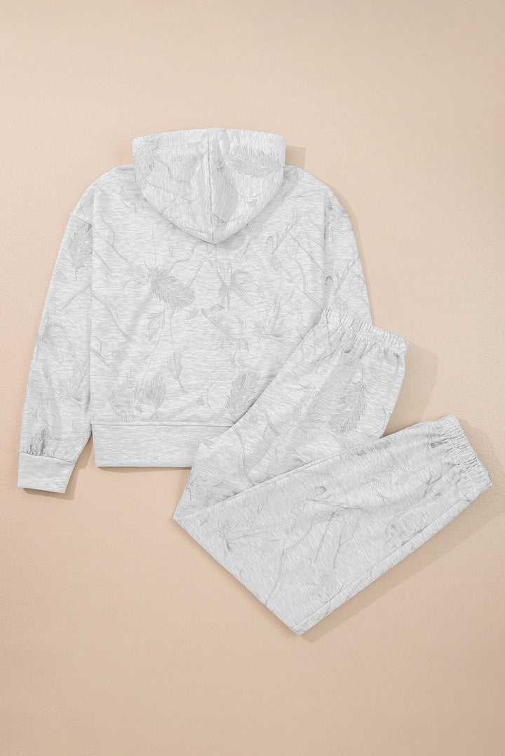 Light Grey Abstract Print Loose Hoodie Elastic Waistband 2pcs Pant Set