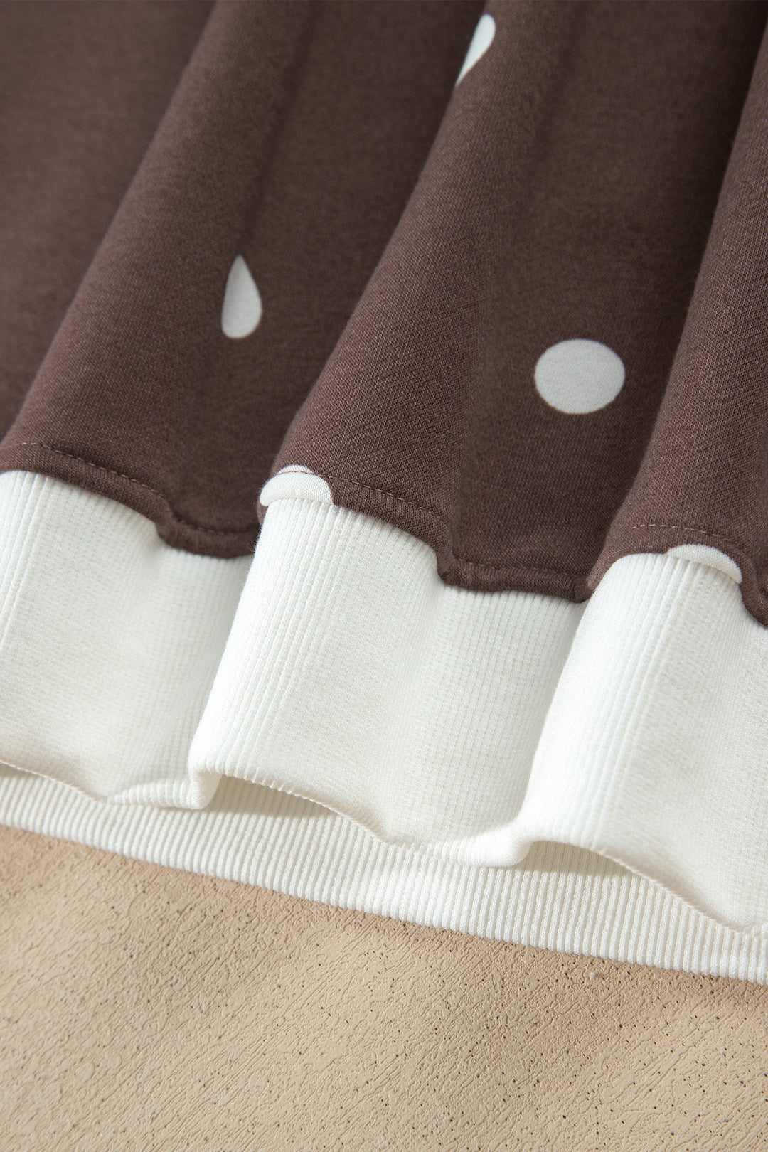 Brown Polka Dot Ribbed Trim Long Sleeve Top Casual Short Set