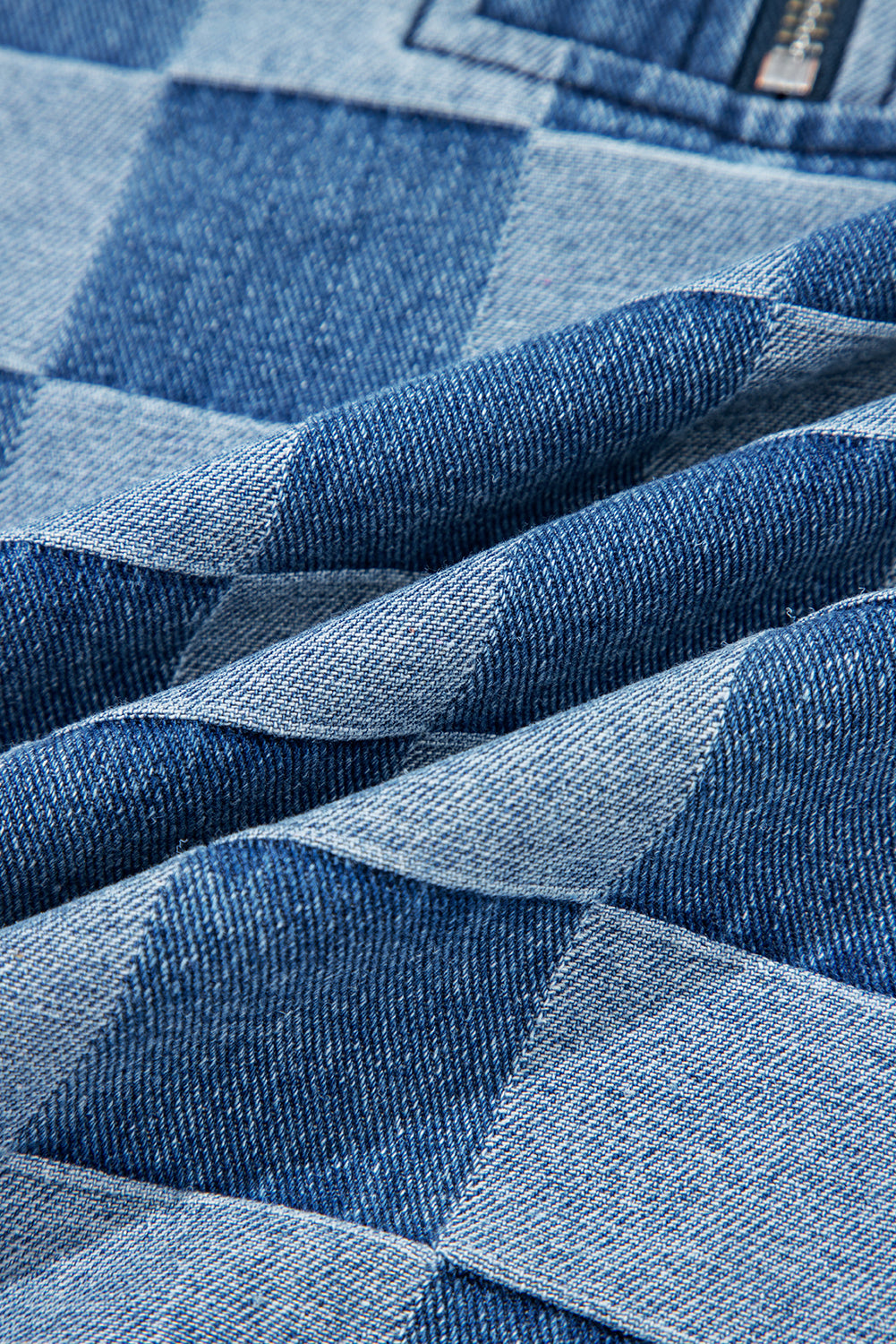 Checkerboard Zipped Neck Kangaroo Pocket Denim Hoodie