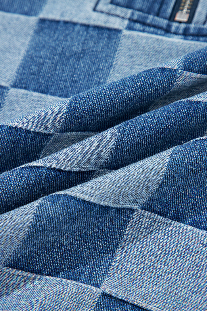 Checkerboard Zipped Neck Kangaroo Pocket Denim Hoodie
