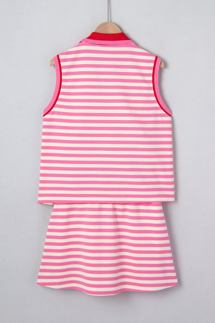 Sachet Pink Textured Stripe Print Zip Collar Sleeveless 2pcs Skort Set