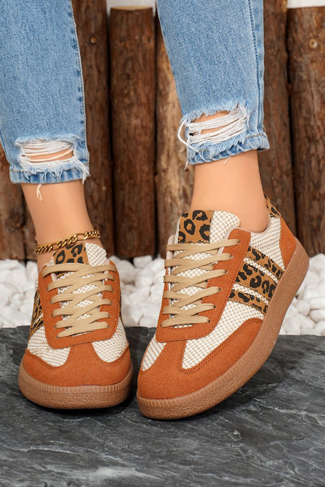 Checkered Leopard Color Block Patchwork Lace Up Sneakers