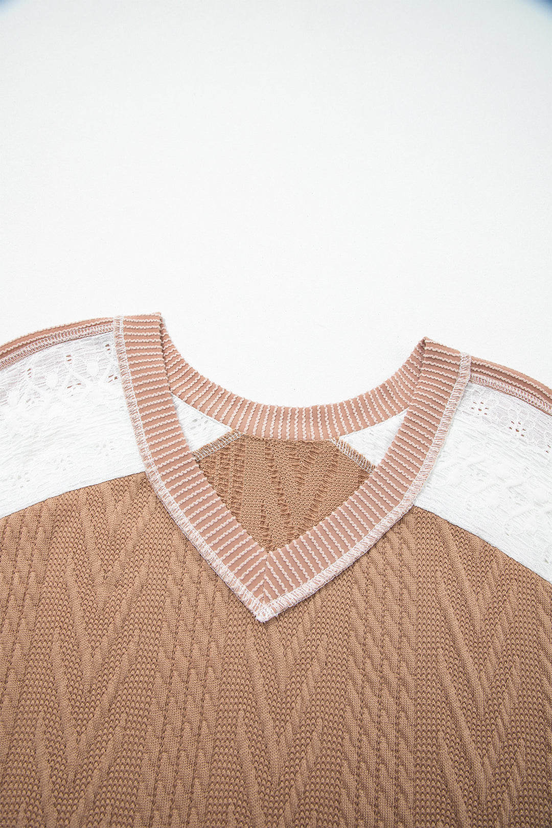Coffee V Neck Lace Sleeve Patchwork Plus Size Blouse