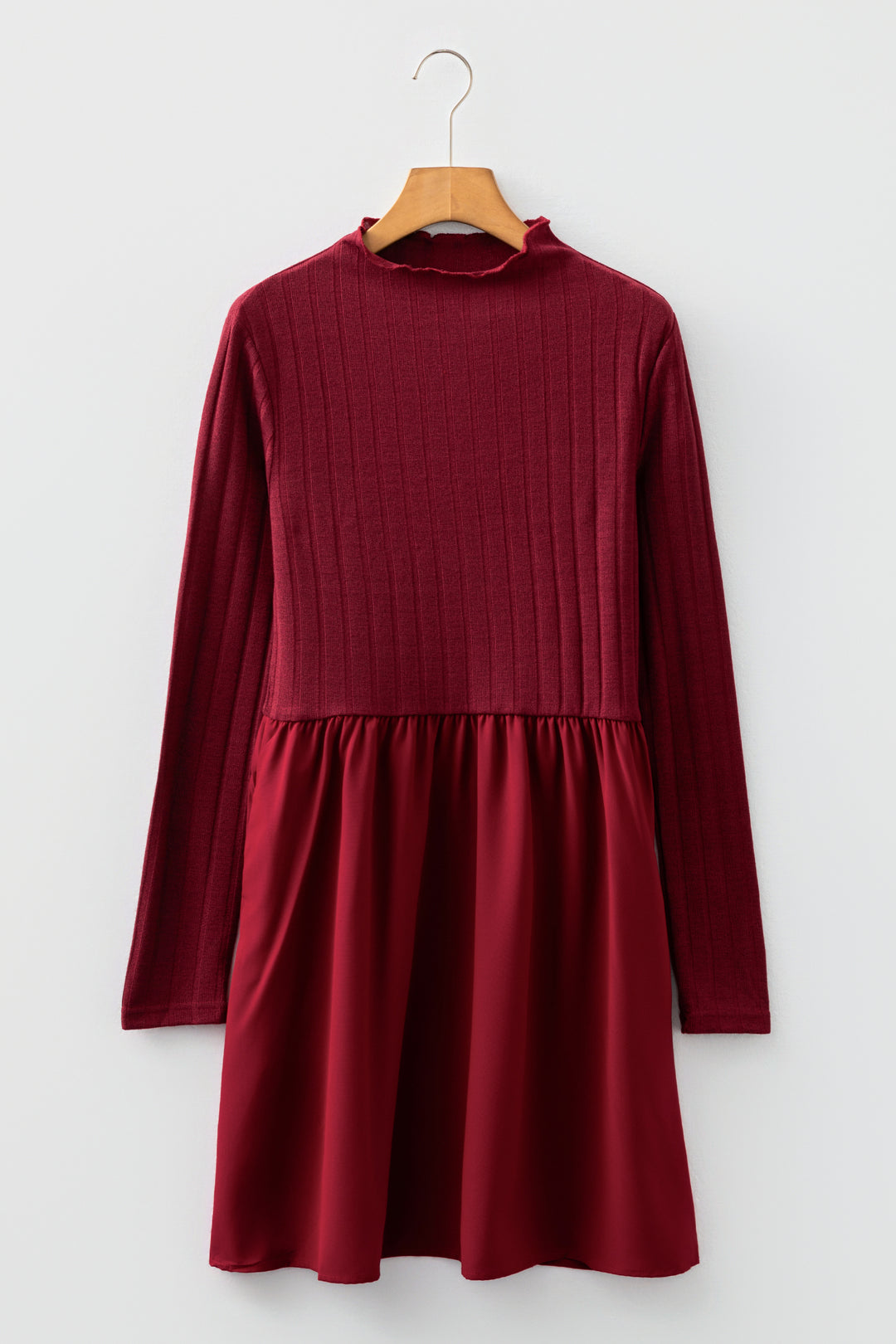 Red Dahlia Frilled Neck Ribbed Knit Long Sleeve Mini Dress