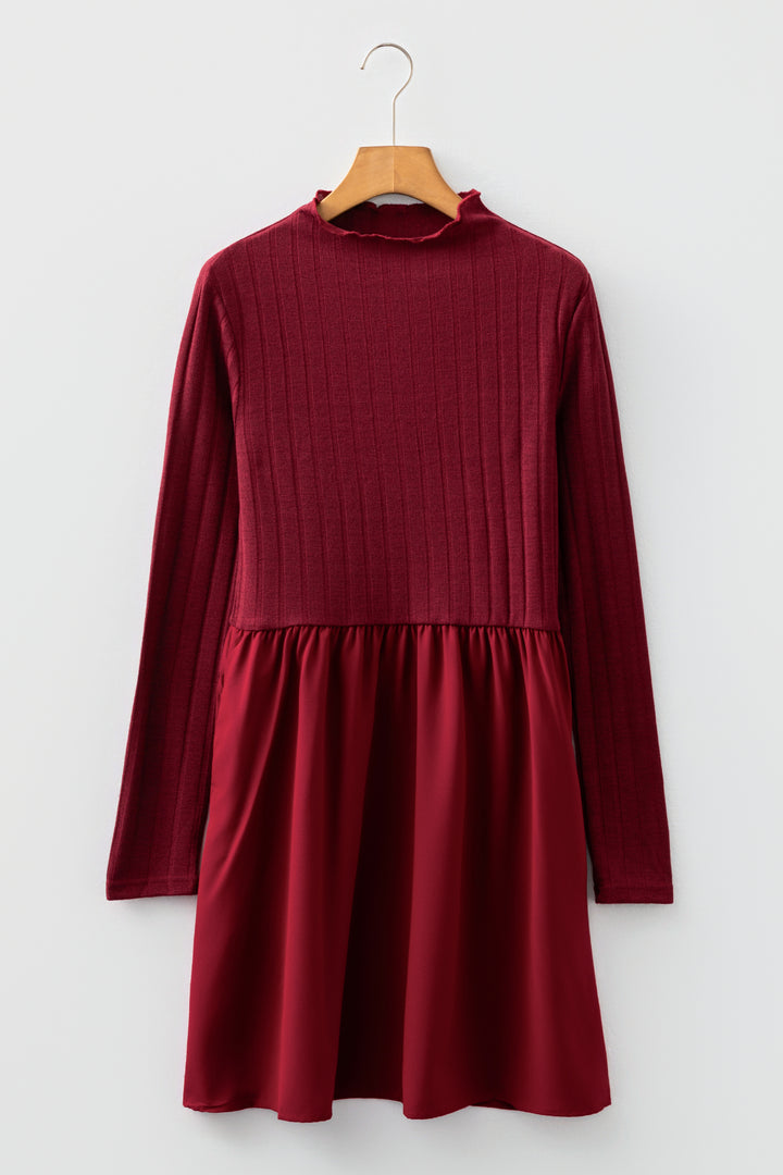 Red Dahlia Frilled Neck Ribbed Knit Long Sleeve Mini Dress