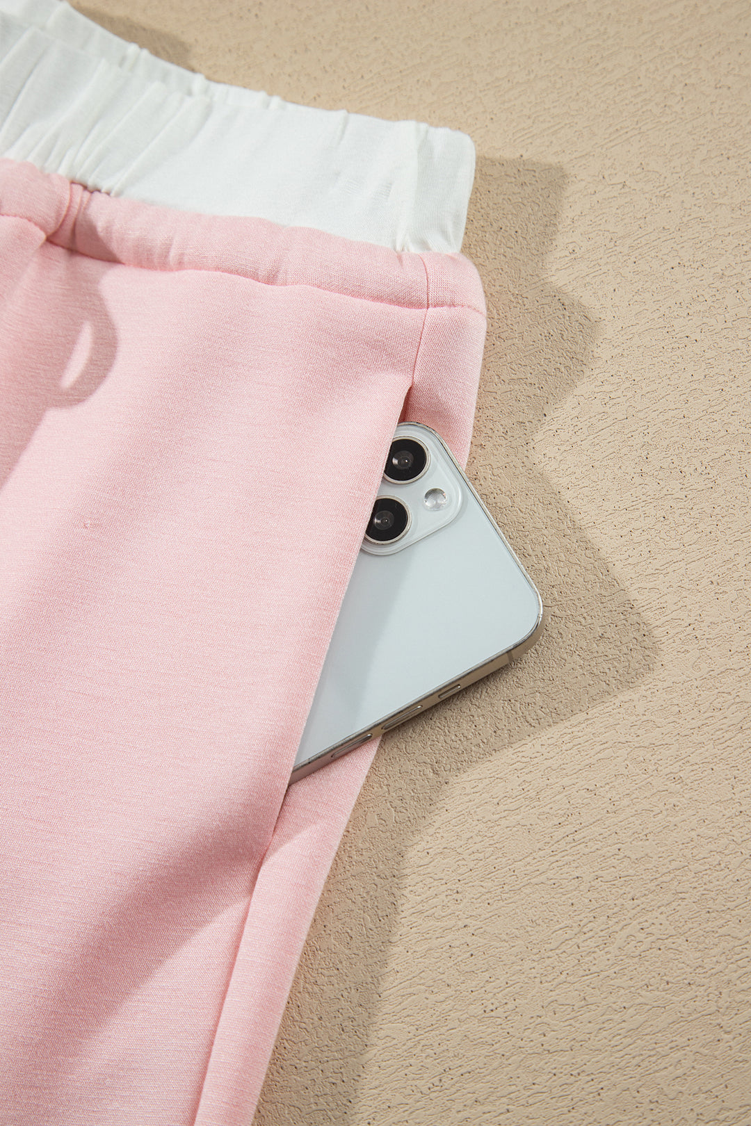 Pink Color Contrast Overlay Long Sleeve Top Drawstring Loose Pant Set