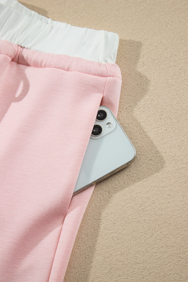 Pink Color Contrast Overlay Long Sleeve Top Drawstring Loose Pant Set