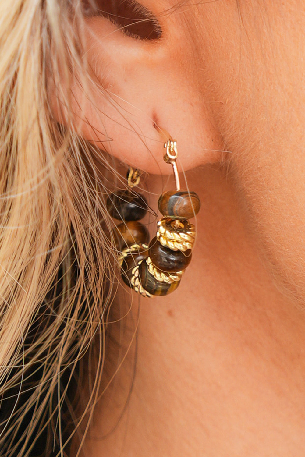 Retro Tiger Eye Stone Loop Clip-On Earrings