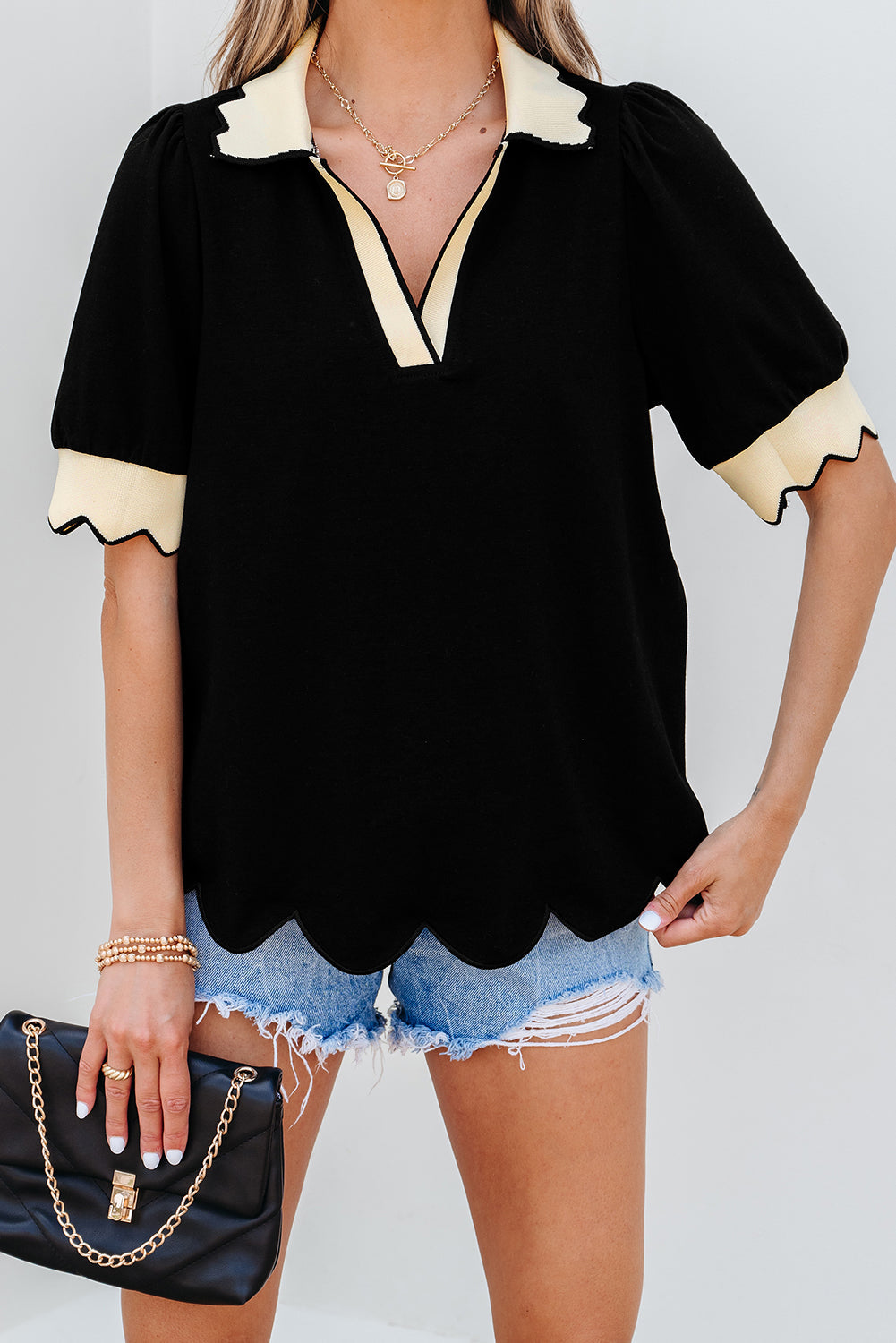 color contrast collared v neck puff sleeve blouse