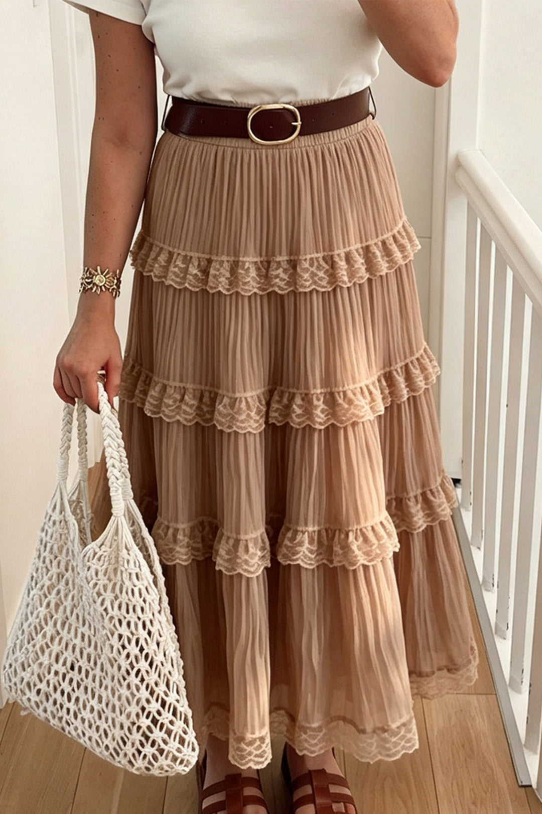 Smoke Gray Pleated Tiered Lace Trim Maxi Skirt