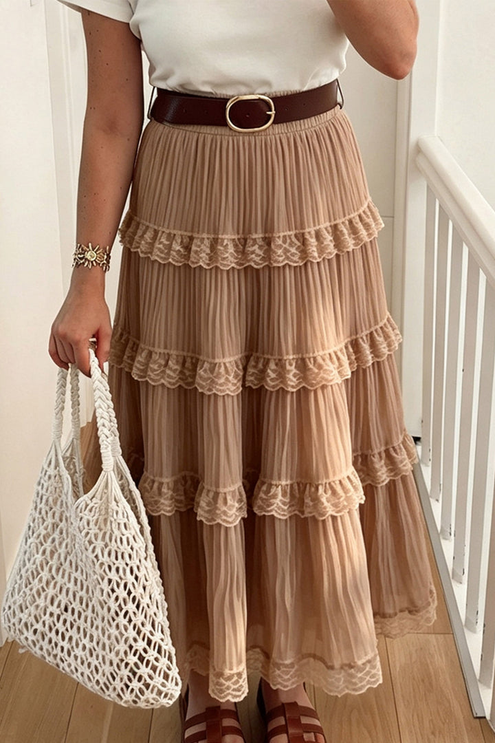 Smoke Gray Pleated Tiered Lace Trim Maxi Skirt