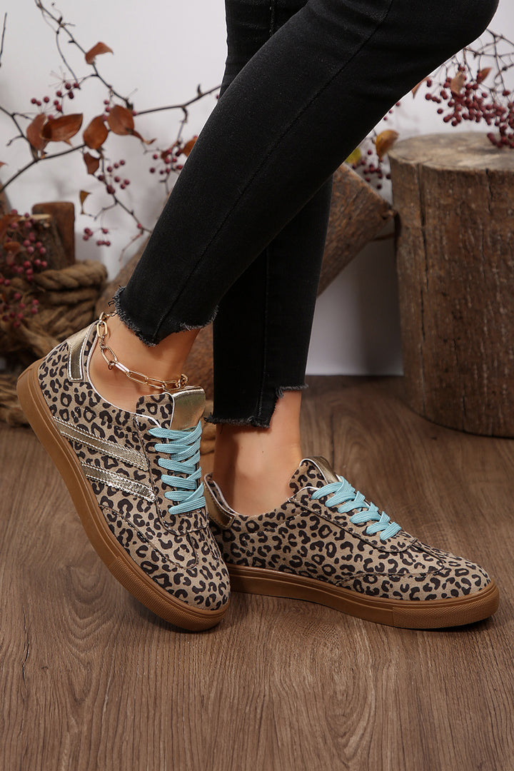 Coffee Faux Suede Leopard Print Sleek PU Leather Detail Lace Up Sneakers
