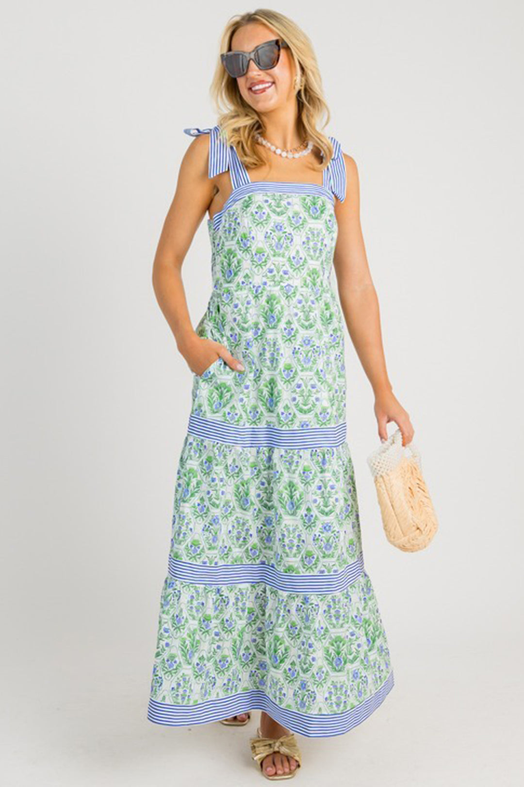 Green Geometric Floral Print Striped Sleeveless Dress（Runs Small ）