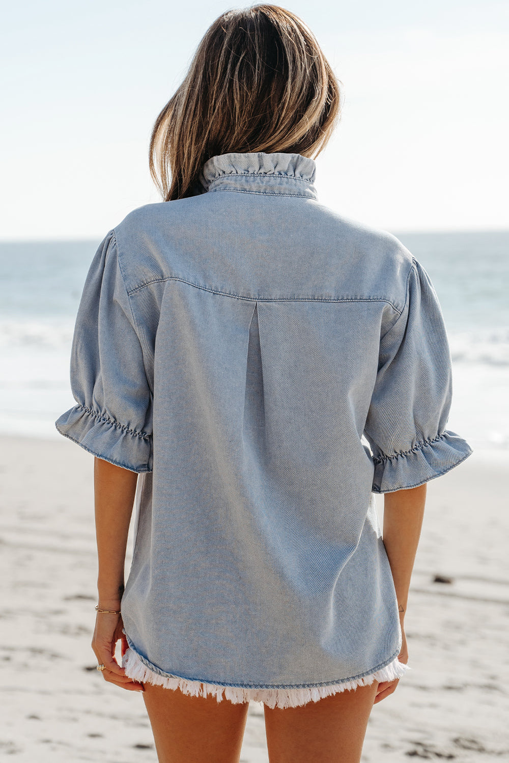 Ruffle Short Puff Sleeve Summer Chambray Shirt