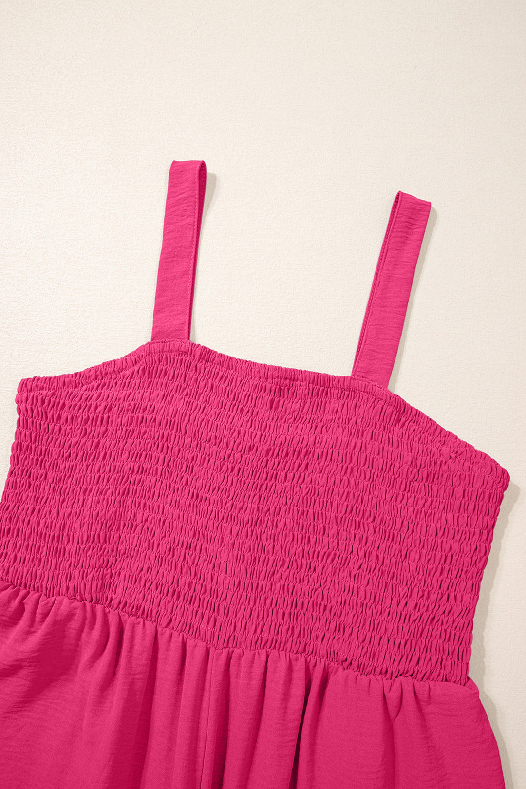 Rose Red Smocked Square Neck Sleeveless Jumpsuit with Pockets