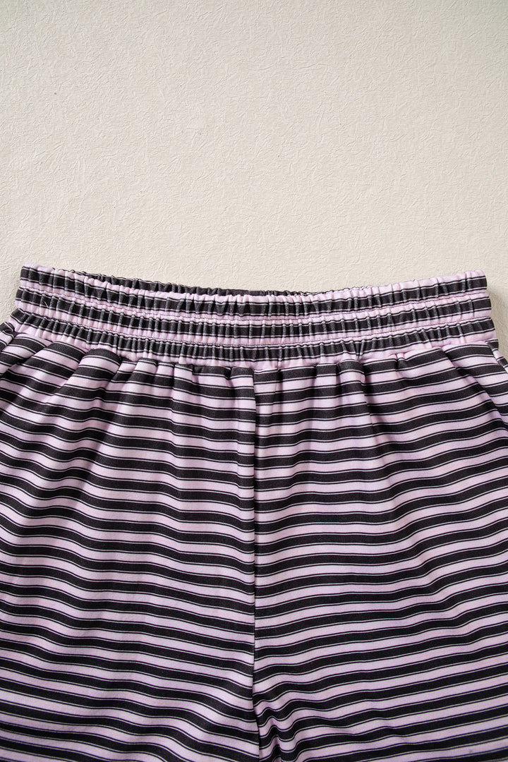 Brown Stripe Long Sleeve Oversized Top Pocketed Casual Shorts Two Piece Set