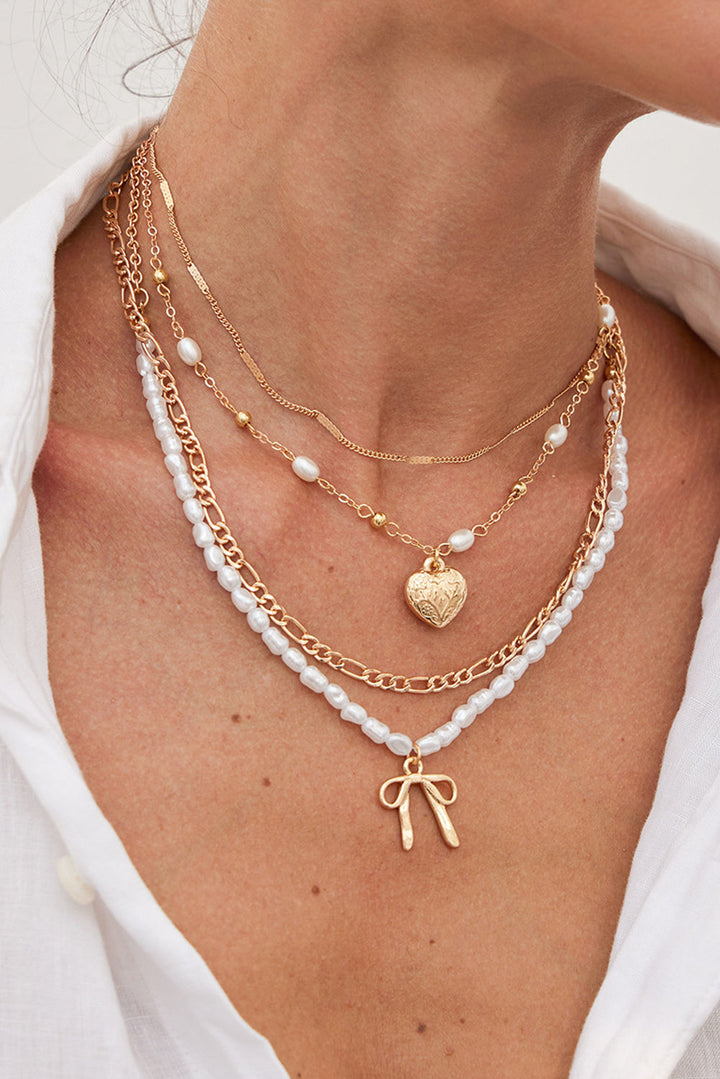 Bow Heart Pendant Pearl Chaining Plated Necklace