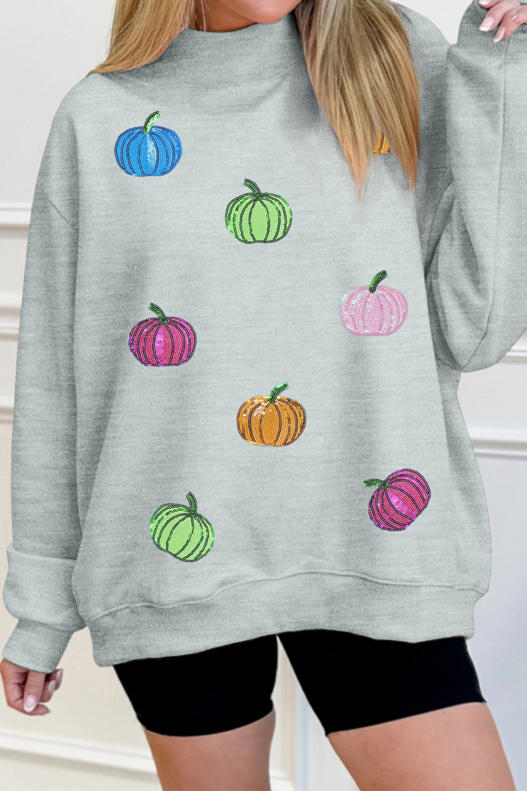 Casual Gray Sequin Pumpkin Patch Mock Neck Baggy Sweatshirt