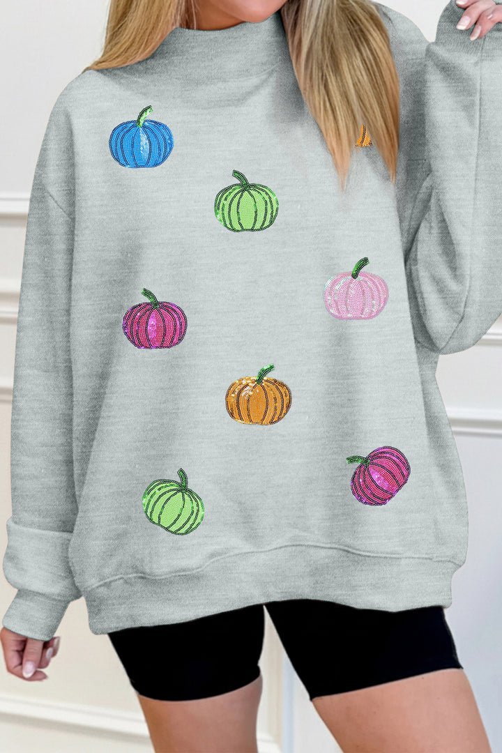 Casual Gray Sequin Pumpkin Patch Mock Neck Baggy Sweatshirt