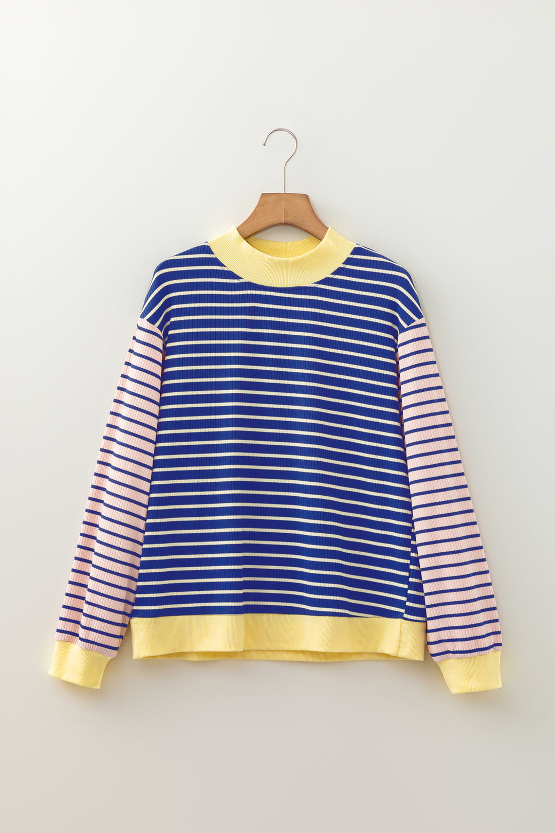 Blue Stripe Contrast Long Sleeve Crew Neck Pullover Top