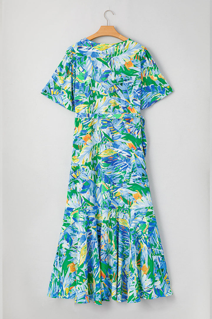 Leaves Print Short Sleeve Surplice Neck Ruffled Trim Plus Size Maxi Dress